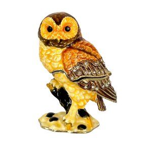 Jeweled Owl Enamel Trinket Box With Hinged Lid Magnetic Closure